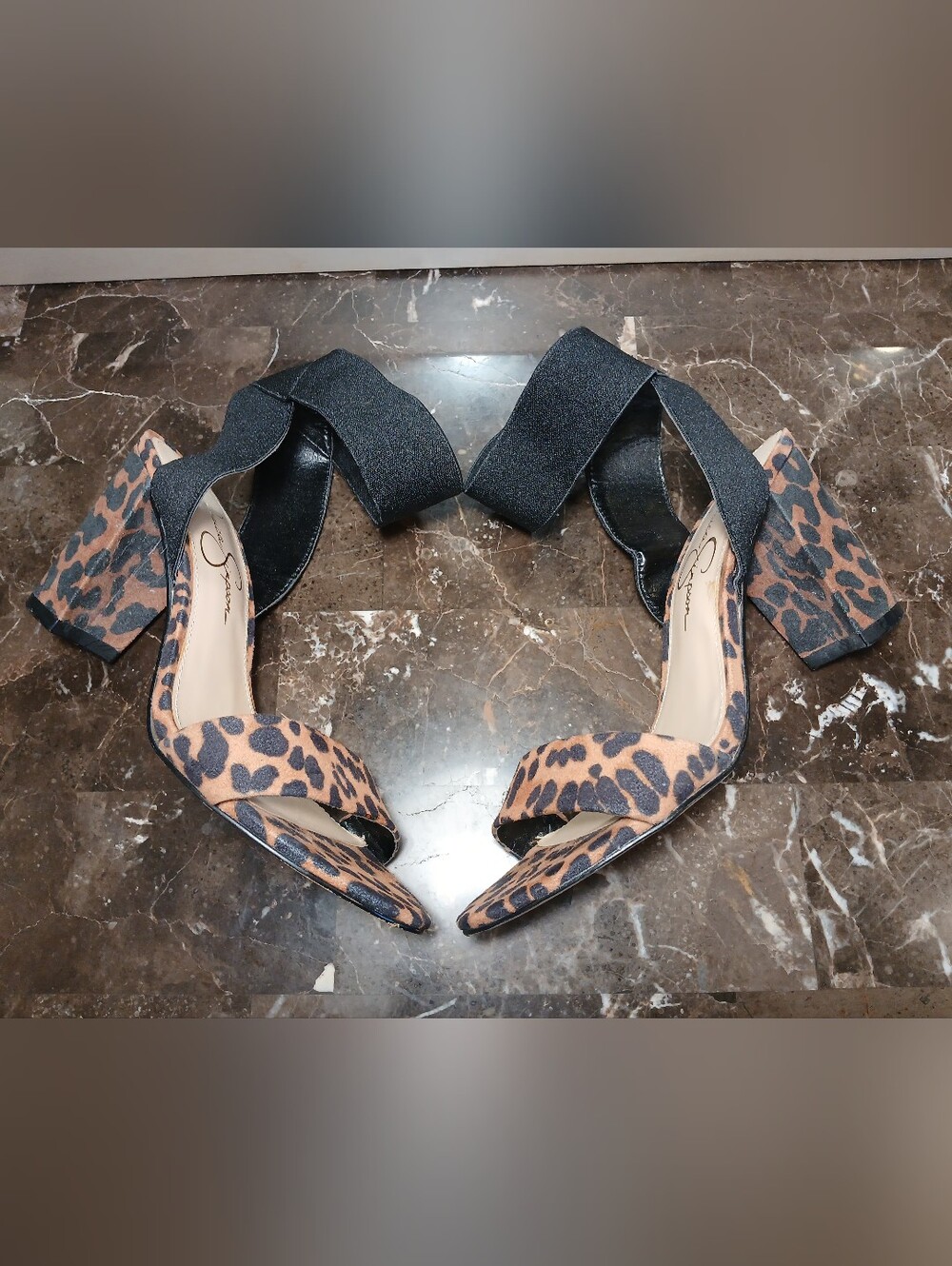 Jessica Simpson Leopard Print Block Heel Sandals with Black Ankle Wrap